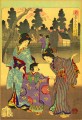 Un hombre en el recuadro vistiendo ropa de estilo occidental comparado con las mujeres japonesas Toyohara Chikanobu.